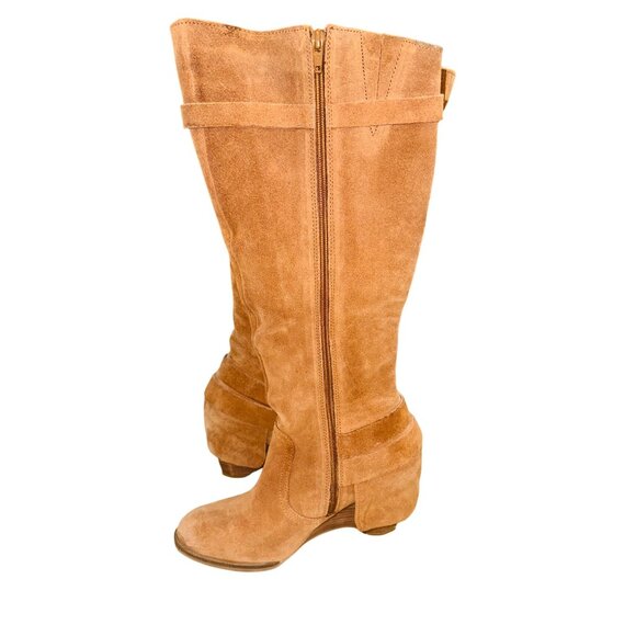 Naughty Monkey Tan Suede Knee-High Slouchy Distressed Boots Boho Western Wedge - Picture 9 of 13